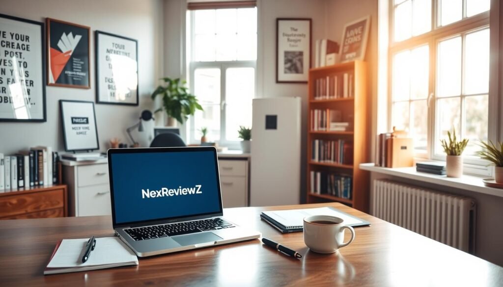 A well-organized small business office, bathed in warm, natural light from large windows. On the desk, a sleek laptop displaying the NexReviewZ brand logo, surrounded by essential productivity tools - a notepad, a pen, and a cup of coffee. The walls are adorned with inspirational artwork and shelves filled with business books, creating a professional yet inviting atmosphere. The room conveys a sense of focus, efficiency, and the tools necessary for small business owners to thrive.