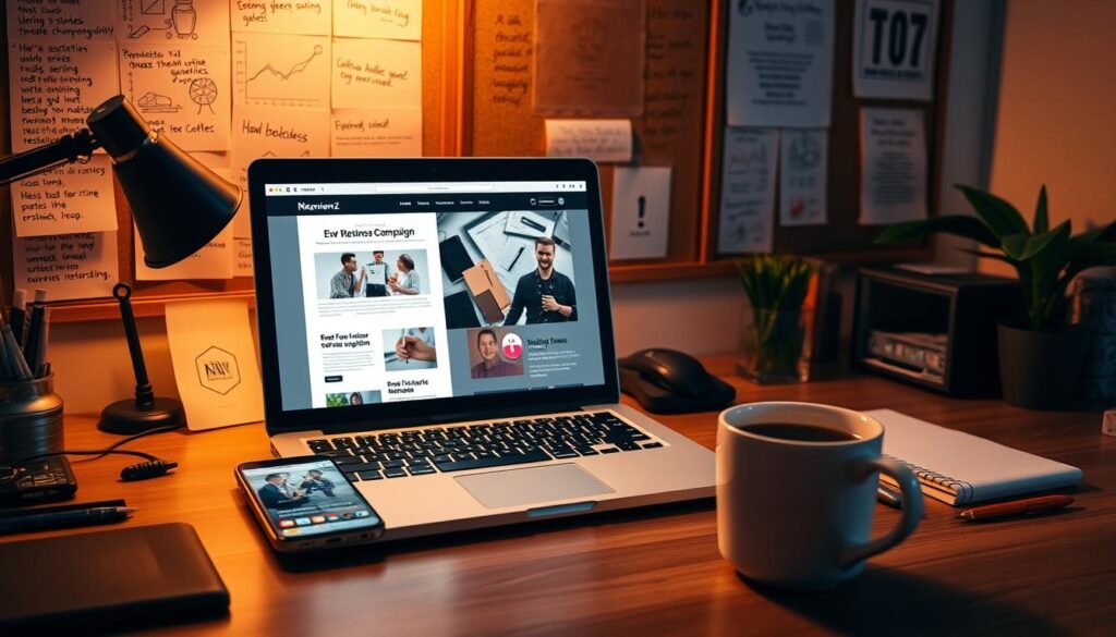 A workspace filled with the tools of a modern email campaign: a laptop displaying a NexReviewZ template, a smartphone tracking metrics, and a coffee cup for fuel. Warm lighting illuminates the scene, creating a productive and focused atmosphere. In the background, a bulletin board displays notes, sketches, and inspirational quotes, hinting at the creativity and planning behind each campaign. The overall composition conveys the efficiency and dynamism of a small business owner's email marketing strategy. A workspace filled with the tools of a modern email campaign: a laptop displaying a NexReviewZ template, a smartphone tracking metrics, and a coffee cup for fuel. Warm lighting illuminates the scene, creating a productive and focused atmosphere. In the background, a bulletin board displays notes, sketches, and inspirational quotes, hinting at the creativity and planning behind each campaign. The overall composition conveys the efficiency and dynamism of a small business owner's email marketing strategy.
