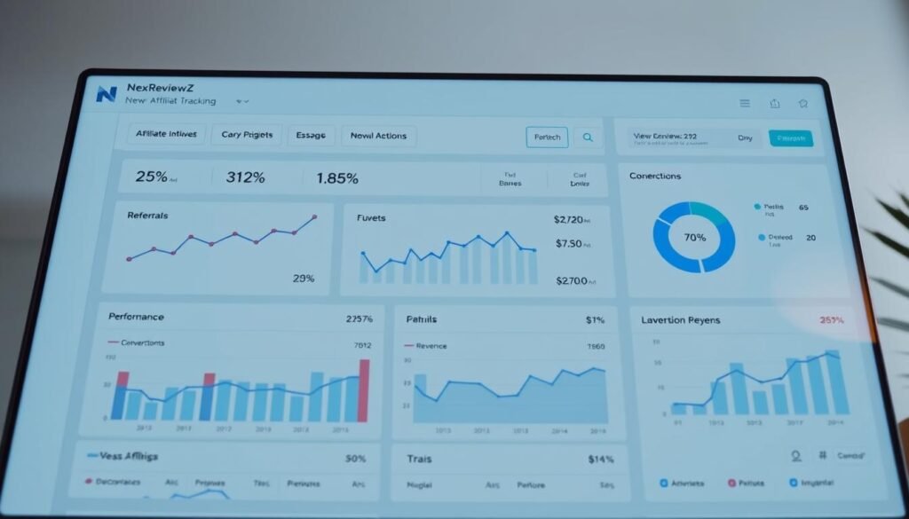 Affiliate tracking dashboard showcasing NexReviewZ's comprehensive analytics. A sleek, modern interface with intuitive data visualizations. Detailed performance metrics for referrals, conversions, and revenue. Smooth animation as user navigates through campaign insights. Cool tones and clean lines convey professionalism and trust. Subtle NexReviewZ branding in the top corner. Mid-shot perspective to highlight the intuitive layout. Soft lighting from above casts a warm glow on the screen. This image will help small business owners understand the powerful tracking tools available to reduce risk and maximize their subscription offers.