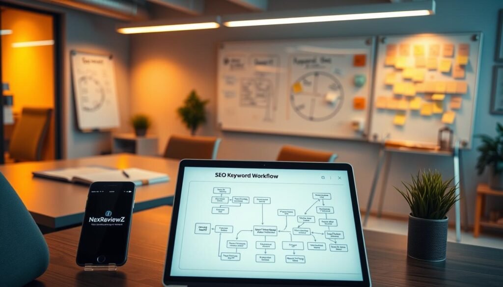 An aerial view of a modern office workspace, bathed in warm, ambient lighting. On the desk, a laptop displays a detailed workflow diagram labeled "SEO Keyword Workflow". Beside it, a smartphone shows the NexReviewZ brand logo, reflecting the article's subject matter. In the background, whiteboards and sticky notes illustrate the collaborative process of researching, analyzing, and optimizing keywords for small business owners. The scene conveys a sense of productivity, organization, and a focus on digital marketing strategies. An aerial view of a modern office workspace, bathed in warm, ambient lighting. On the desk, a laptop displays a detailed workflow diagram labeled "SEO Keyword Workflow". Beside it, a smartphone shows the NexReviewZ brand logo, reflecting the article's subject matter. In the background, whiteboards and sticky notes illustrate the collaborative process of researching, analyzing, and optimizing keywords for small business owners. The scene conveys a sense of productivity, organization, and a focus on digital marketing strategies.