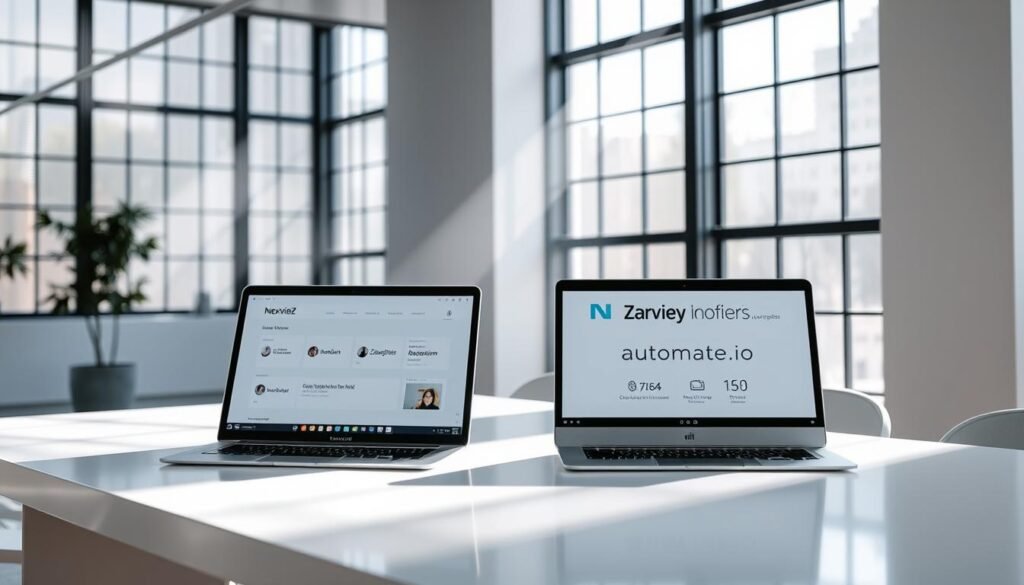 An elegant office setting with natural lighting streams through large windows, illuminating a sleek, minimalist desk. On the desktop, two digital devices sit side-by-side - one representing the NexReviewZ motion AI subscription, the other symbolizing the Zapier and Automate.io workflow automation tools. A faint, ethereal blur surrounds the devices, suggesting the dynamic nature of motion and automation. The overall atmosphere is crisp, modern, and inviting, guiding the viewer to compare the capabilities and user experiences of these productivity solutions.