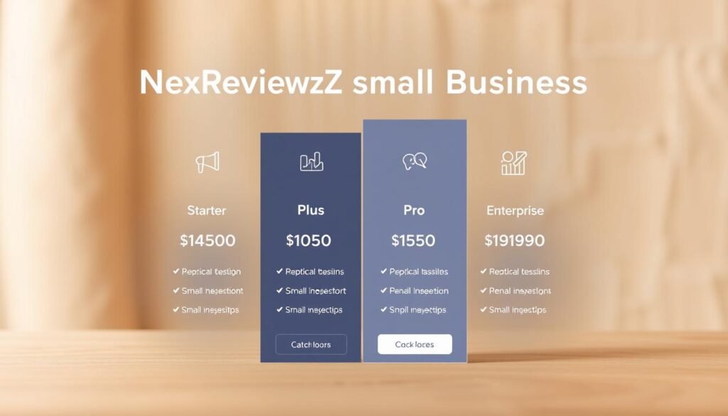 An elegant pricing table for NexReviewZ's small business plans, featuring four tiers - Starter, Plus, Pro, and Enterprise. The foreground showcases clean, minimal icons and typography highlighting key features. The middle ground presents the plans with their distinct pricing and inclusions, while the background is a soft, blurred texture in earthy tones, creating a professional and approachable atmosphere. The overall design conveys a sense of value, simplicity, and reliability, tailored to the needs of small business owners. An elegant pricing table for NexReviewZ's small business plans, featuring four tiers - Starter, Plus, Pro, and Enterprise. The foreground showcases clean, minimal icons and typography highlighting key features. The middle ground presents the plans with their distinct pricing and inclusions, while the background is a soft, blurred texture in earthy tones, creating a professional and approachable atmosphere. The overall design conveys a sense of value, simplicity, and reliability, tailored to the needs of small business owners.