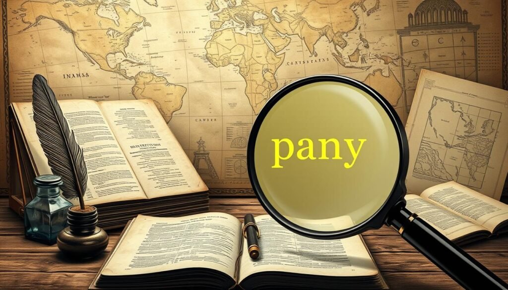 An elegant sketch of antique ledgers, quill pens, and inkwells, set against a backdrop of vintage world maps and sepia-toned architectural blueprints. The foreground features a glowing magnifying glass revealing the etymology of the word "company" - its roots in the Latin "com" meaning "together" and "panis" meaning "bread". A soft, diffused lighting creates a contemplative, scholarly atmosphere, inviting the viewer to ponder the historical origins and semantic evolution of this ubiquitous business term.