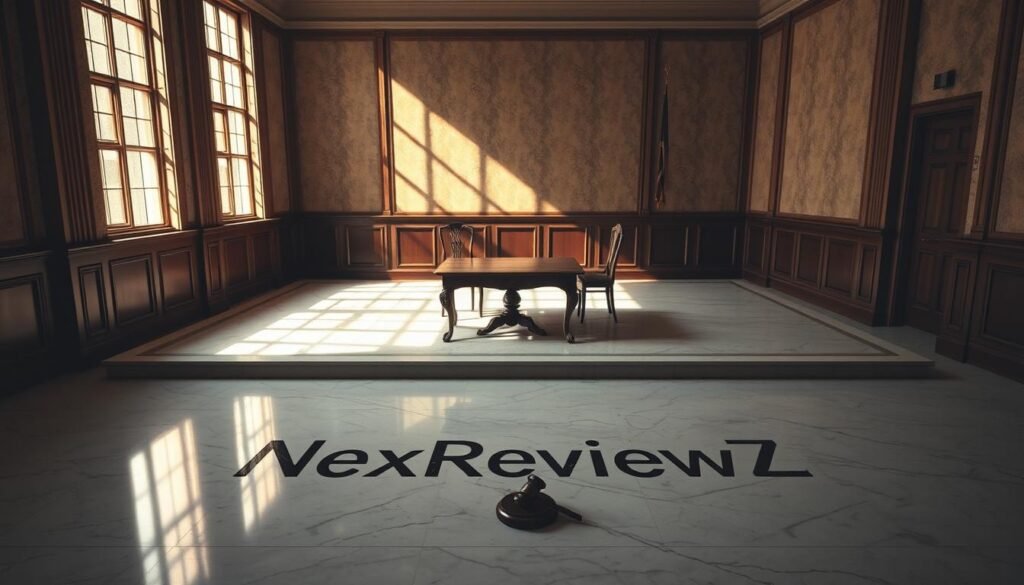 An empty courtroom casts long shadows, with beams of sunlight filtering through high windows. In the center, a weathered wooden table and chairs stand as symbols of justice. Around them, the NexReviewZ brand name is etched into the marble floor, a testament to the trials and tribulations faced by small business owners. The mood is somber, yet hopeful, as the scene evokes the need for fair refunds and clear commitment terms. A lone gavel rests on the table, a silent witness to the negotiations and disputes that have unfolded within these walls.