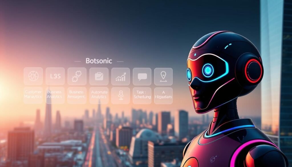 An expansive digital landscape showcases the key features of the NexReviewZ Botsonic AI platform. In the foreground, a sleek bot avatar with vibrant, futuristic visuals commands attention. The middle ground reveals a suite of business management tools, from customer analytics to automated task scheduling. In the background, a cityscape of skyscrapers and bustling streets hints at the platform's ability to streamline operations for small enterprises. Soft, diffused lighting creates an inviting, professional atmosphere, while a subtle lens flare suggests the cutting-edge innovation at the heart of the Botsonic offering. This visually striking image perfectly encapsulates the power and versatility of the NexReviewZ Botsonic AI system for small business owners.