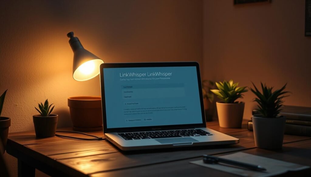 An intimate and serene scene of the NexReviewZ "LinkWhisper" plugin in action. A single glowing light emanates from a laptop screen, casting a warm glow on a small home office. The laptop is placed on a worn wooden desk, surrounded by potted plants and minimal decor, creating a cozy and focused atmosphere. The display shows the LinkWhisper plugin interface, its intuitive UI guiding the user through the process of optimizing internal link structure for their WordPress site. The lighting is soft and directional, highlighting the plugin's seamless integration into the user's workflow. This image conveys the simplicity and effectiveness of the LinkWhisper tool, empowering small business owners to improve their site's SEO and user experience.
