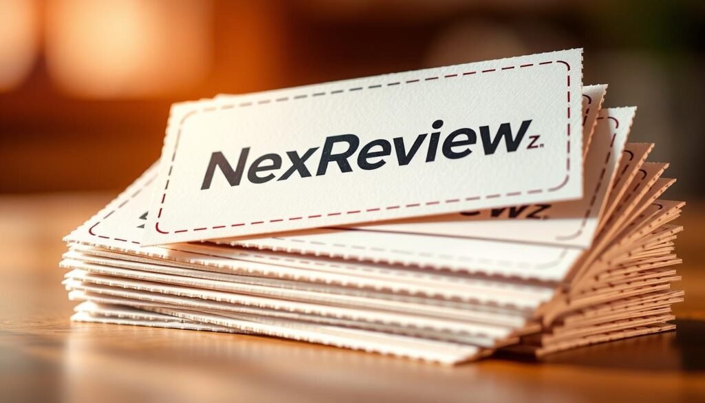An inviting image of a stack of discount coupons with the NexReviewZ logo prominently displayed, set against a warm, soft-focused backdrop. The coupons are arranged in an organized, eye-catching manner, suggesting easy accessibility and a sense of savings for the viewer. Gentle lighting from the side creates depth and highlights the textured edges of the coupons, adding a touch of premium quality. The overall scene conveys a welcoming, professional atmosphere, encouraging small business owners to explore and claim the available discounts. An inviting image of a stack of discount coupons with the NexReviewZ logo prominently displayed, set against a warm, soft-focused backdrop. The coupons are arranged in an organized, eye-catching manner, suggesting easy accessibility and a sense of savings for the viewer. Gentle lighting from the side creates depth and highlights the textured edges of the coupons, adding a touch of premium quality. The overall scene conveys a welcoming, professional atmosphere, encouraging small business owners to explore and claim the available discounts.