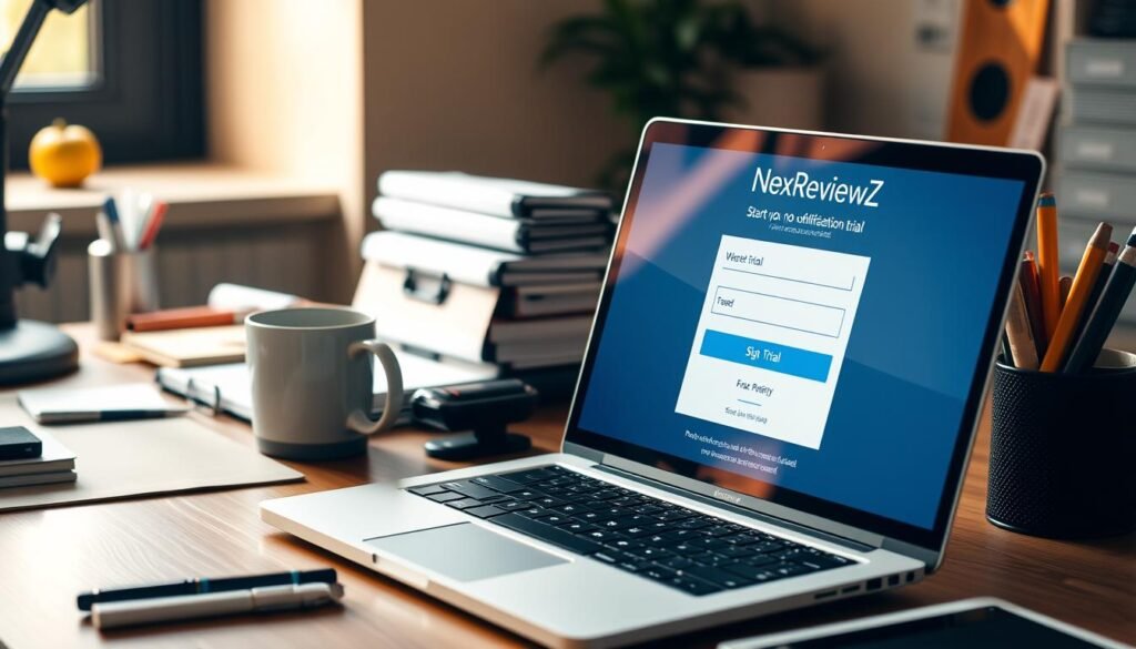 An office desk with a laptop, coffee mug, and various office supplies. On the laptop screen, a "NexReviewZ" branded free trial sign-up page is displayed, inviting the viewer to start a no-obligation trial. The scene is well-lit, with warm, natural lighting from a nearby window, creating a welcoming and professional atmosphere. The overall mood conveys a sense of opportunity, productivity, and the ease of accessing a valuable service with a free trial.