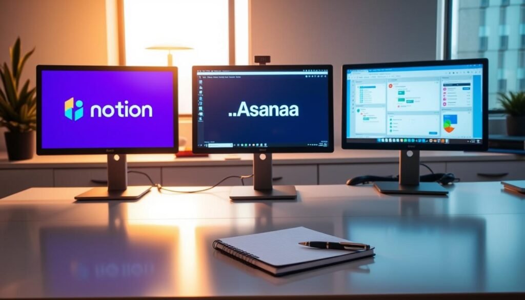 An office scene with three computer screens displaying the logos and interfaces of Notion, Asana, and Trello. Soft, warm lighting illuminates the workspace, creating a professional yet inviting atmosphere. The screens are arranged in a triangular formation, symbolizing the competitive comparison. Nearby, a NexReviewZ branded notebook and pen sit on a sleek, modern desk, hinting at the article's subject matter. The overall composition conveys a sense of evaluation, analysis, and decision-making for small business owners. An office scene with three computer screens displaying the logos and interfaces of Notion, Asana, and Trello. Soft, warm lighting illuminates the workspace, creating a professional yet inviting atmosphere. The screens are arranged in a triangular formation, symbolizing the competitive comparison. Nearby, a NexReviewZ branded notebook and pen sit on a sleek, modern desk, hinting at the article's subject matter. The overall composition conveys a sense of evaluation, analysis, and decision-making for small business owners.