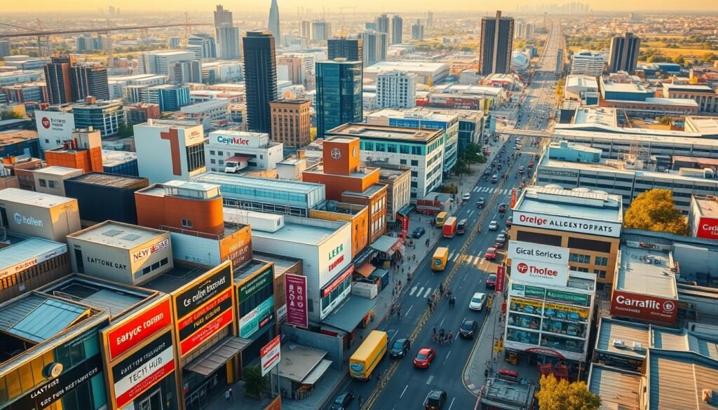 An overhead view of a busy cityscape, with various types of companies and business entities represented in a vibrant, colorful scene. In the foreground, a diverse array of storefronts and office buildings, including a startup tech hub, a small family-owned restaurant, a corporate headquarters, and a local boutique. In the middle ground, bustling streets filled with pedestrians, delivery vehicles, and signage highlighting different industries and sectors. In the background, a mix of high-rise towers, warehouses, and manufacturing facilities, all connected by a network of roads and infrastructure. The scene is illuminated by a warm, golden light, creating a sense of energy and productivity. The overall composition conveys the dynamic and diverse nature of the business landscape, highlighting the range of companies and entities that make up a thriving economic ecosystem.