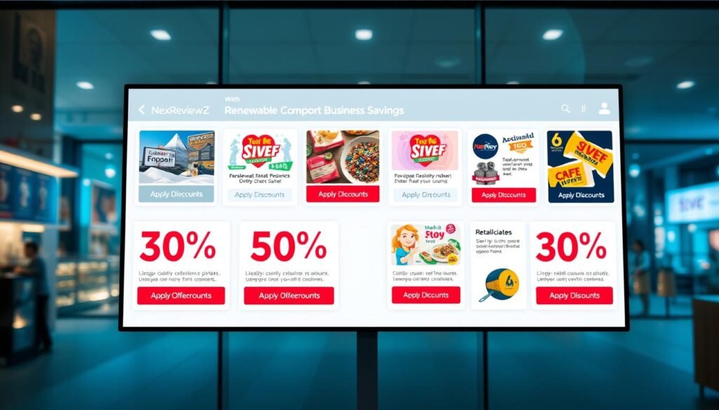 Claim discounts with NexReviewZ - a sleek, modern interface showcasing a variety of redeemable coupons and savings offers. In the foreground, a well-lit, high-resolution display depicts a range of vibrant, enticing discounts, with clear call-to-action buttons inviting small business owners to take advantage. The middle ground features a minimalist, user-friendly layout, highlighting the seamless experience of finding and applying relevant discounts. In the background, a soft, blurred cityscape suggests the broader context of a thriving, rewardful retail landscape. The overall mood is one of efficiency, opportunity, and a sense of empowerment for the small business owner, ready to maximize their savings with NexReviewZ.