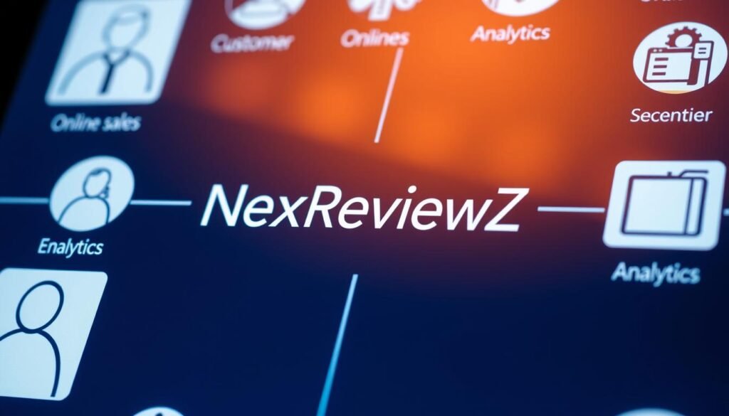 Detailed close-up of a modern social media interface, showcasing various use cases for small businesses. Sleek, minimalist design with clean lines and a crisp, professional aesthetic. Central focus on the NexReviewZ brand, prominently displayed. Surrounding elements include icons representing customer engagement, online sales, analytics, and other key features. Warm, subtle lighting highlights the screen, creating a sense of depth and emphasis. The overall mood is one of efficiency, productivity, and a seamless digital experience tailored for the needs of small business owners.