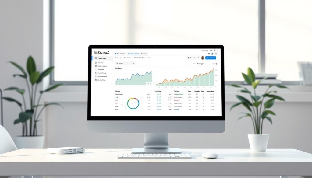 Detailed, colorful digital illustration of a desktop computer monitor displaying real-time rank tracking analytics for the NexReviewZ software. The monitor is situated on a clean, minimalist desk in a well-lit, modern office. Soft, natural lighting illuminates the scene, creating a calming, professional atmosphere. The screen shows a user-friendly dashboard with clear charts and graphs depicting ranking movements, keyword positions, and traffic insights. The overall composition emphasizes simplicity, clarity, and the value of rank tracking for small businesses.