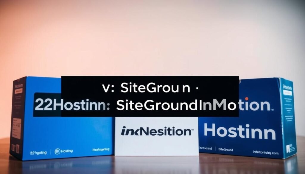 Detailed comparison of A2Hosting, SiteGround, and InMotion Hosting for small business websites. Well-lit studio shot showcasing the three hosting providers' logos and key features in the foreground, with a clean, professional backdrop. Crisp, high-resolution image with a warm, inviting color palette. Slight depth of field to draw the eye to the center. Captured from an angle that conveys authority and expertise, suitable for the NexReviewZ brand.