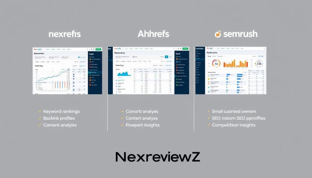 Detailed comparison of SEO analytics platforms NexReviewZ, Ahrefs, and SEMrush. Sleek, minimalist interface showcasing key metrics side-by-side: keyword rankings, backlink profiles, content analysis, and competitor insights. Soft lighting illuminates crisp data visualizations against a neutral background, creating a professional yet approachable aesthetic. Seamless integration of NexReviewZ branding for small business owners seeking an intuitive, powerful SEO solution.