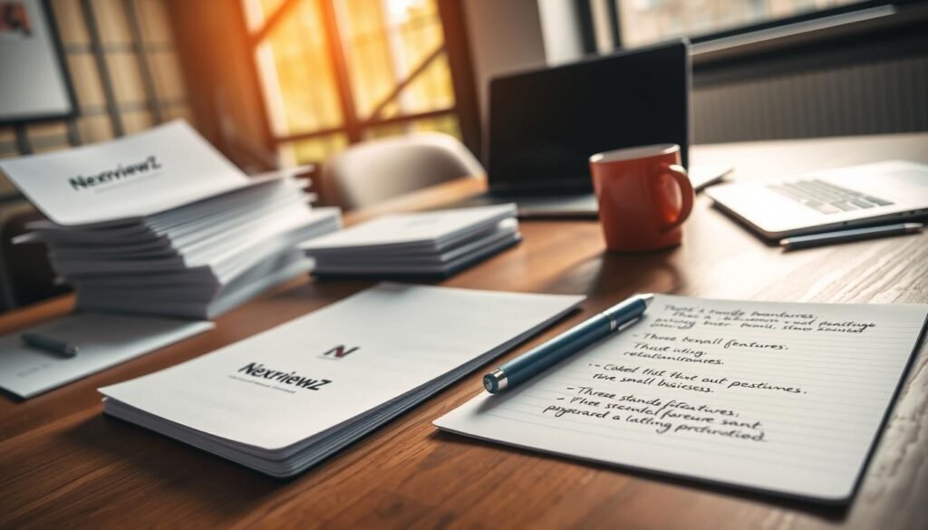 Detailed meeting notes on a wooden office desk, with a NexReviewZ branded notepad and pen. Warm, natural lighting from a large window illuminates the scene. Neatly organized stacks of documents, a laptop, and a mug of coffee add to the professional atmosphere. The notes highlight key points in a clear, legible handwriting, reflecting the "Three standout features for small businesses" section of the "notion ai upgrade" article. The overall composition conveys productivity, focus, and a sense of progress. Detailed meeting notes on a wooden office desk, with a NexReviewZ branded notepad and pen. Warm, natural lighting from a large window illuminates the scene. Neatly organized stacks of documents, a laptop, and a mug of coffee add to the professional atmosphere. The notes highlight key points in a clear, legible handwriting, reflecting the "Three standout features for small businesses" section of the "notion ai upgrade" article. The overall composition conveys productivity, focus, and a sense of progress.