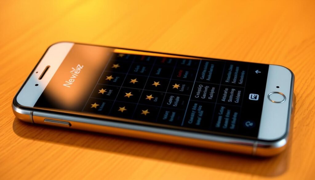 Detailed mobile app ratings grid presented on a sleek, modern smartphone device. The NexReviewZ branded interface showcases a polished collection of app star ratings, review counts, and quality indicators. Warm, directional lighting accentuates the crisp display and metallic accents, creating a professional, trustworthy atmosphere. The overall composition emphasizes the importance of user feedback and informed decision-making for small business owners considering paid app plans.