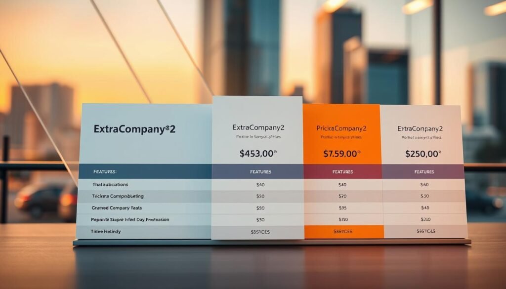 Detailed pricing plans for ExtraCompany2 services, presented on a stylish business template. In the foreground, a clean, minimalist table showcases the various subscription tiers with their features and costs, conveying the value proposition clearly. The middle ground features abstract geometric shapes and gradients, creating a professional, high-tech atmosphere. The background features a soft, blurred cityscape, hinting at the broader business context. Warm, directional lighting highlights the key information, while a low camera angle emphasizes the authoritative nature of the content. The overall mood is one of clarity, sophistication, and trustworthiness, perfectly suited to illustrate the "ExtraCompany2 Pricing Plans" section of the small business article.