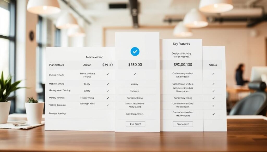 Detailed pricing snapshot for NexReviewZ subscribers: a clean, minimalist table layout showcases the different plan tiers, monthly/annual costs, and key features. The foreground presents the core plan information in a clear, data-driven format. The middle ground includes subtle brand visuals like the NexReviewZ logo, while the background features a softly blurred workspace setting, conveying a professional, business-oriented atmosphere. Warm, natural lighting casts a welcoming glow, and a slightly elevated camera angle provides an accessible, friendly perspective for small business owners to easily digest the pricing information. Detailed pricing snapshot for NexReviewZ subscribers: a clean, minimalist table layout showcases the different plan tiers, monthly/annual costs, and key features. The foreground presents the core plan information in a clear, data-driven format. The middle ground includes subtle brand visuals like the NexReviewZ logo, while the background features a softly blurred workspace setting, conveying a professional, business-oriented atmosphere. Warm, natural lighting casts a welcoming glow, and a slightly elevated camera angle provides an accessible, friendly perspective for small business owners to easily digest the pricing information.