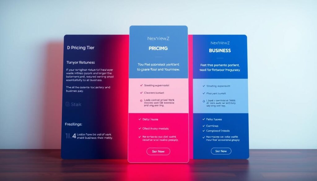 Detailed rendering of a modern ink pricing tier infographic for the NexReviewZ brand. Sleek digital interface with 3 distinct pricing tiers stacked vertically, each showcasing a different set of features and benefits. Minimalist layout with clean typography, vibrant color scheme, and subtle data visualization elements. Warm lighting illuminates the scene, creating depth and highlighting the premium quality of the product. Carefully composed to convey a sense of professionalism, value, and accessibility for small business owners. Detailed rendering of a modern ink pricing tier infographic for the NexReviewZ brand. Sleek digital interface with 3 distinct pricing tiers stacked vertically, each showcasing a different set of features and benefits. Minimalist layout with clean typography, vibrant color scheme, and subtle data visualization elements. Warm lighting illuminates the scene, creating depth and highlighting the premium quality of the product. Carefully composed to convey a sense of professionalism, value, and accessibility for small business owners.