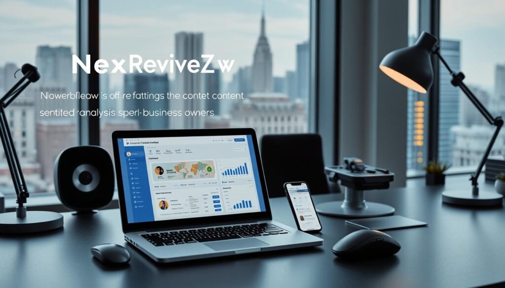 Detailed, well-lit office setup with a modern, minimalist aesthetic. Prominent display of NexReviewZ brand logo and product features such as AI-powered content curation, sentiment analysis, and performance tracking. Foreground shows a laptop and a smartphone displaying the NexReviewZ dashboard, with charts and graphs showcasing data insights. Midground includes ergonomic office accessories like a wireless mouse and a stylish desk lamp. Background features a large window overlooking a bustling city skyline, conveying a sense of productivity and success. Overall, the image should inspire small business owners to explore the powerful capabilities of the NexReviewZ platform. Detailed, well-lit office setup with a modern, minimalist aesthetic. Prominent display of NexReviewZ brand logo and product features such as AI-powered content curation, sentiment analysis, and performance tracking. Foreground shows a laptop and a smartphone displaying the NexReviewZ dashboard, with charts and graphs showcasing data insights. Midground includes ergonomic office accessories like a wireless mouse and a stylish desk lamp. Background features a large window overlooking a bustling city skyline, conveying a sense of productivity and success. Overall, the image should inspire small business owners to explore the powerful capabilities of the NexReviewZ platform.