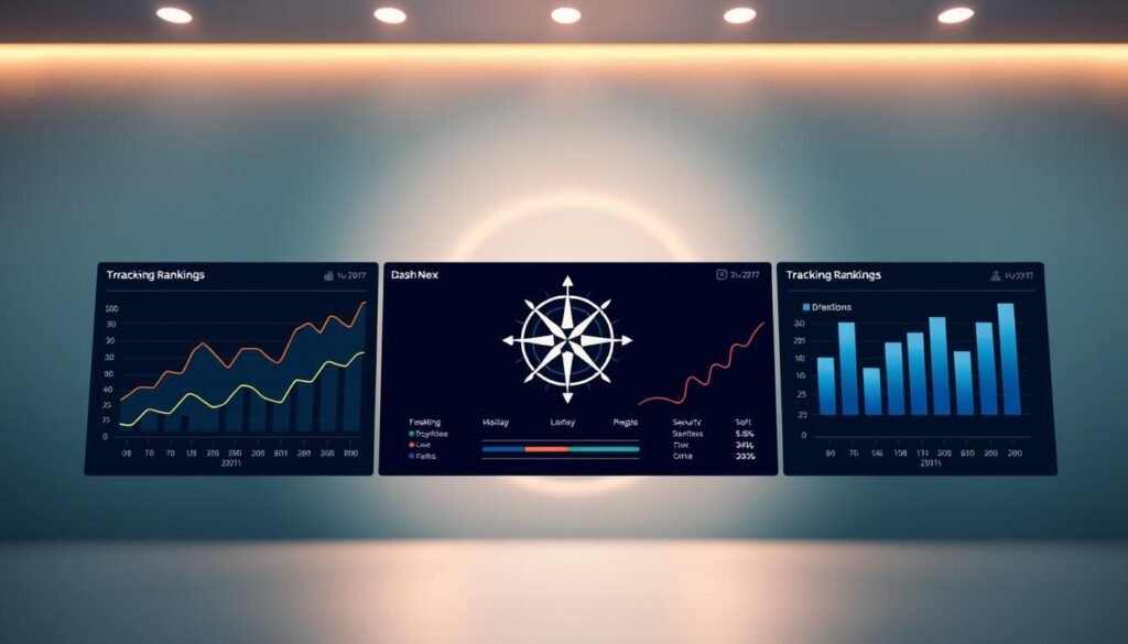 Elegant data visualization of monthly "tracking rankings" for the NexReviewZ brand, displayed on a sleek dashboard with a modern aesthetic. The foreground features bold line charts and bar graphs, highlighting key performance metrics in a clean, minimalist style. The middle ground showcases a central compass-like element, representing the brand's strategic direction and growth trajectory. The background subtly integrates a soft, blurred grid pattern, creating a sense of depth and technology. Warm lighting from above casts a gentle glow, while a cool, muted color palette evokes a professional, trustworthy atmosphere.