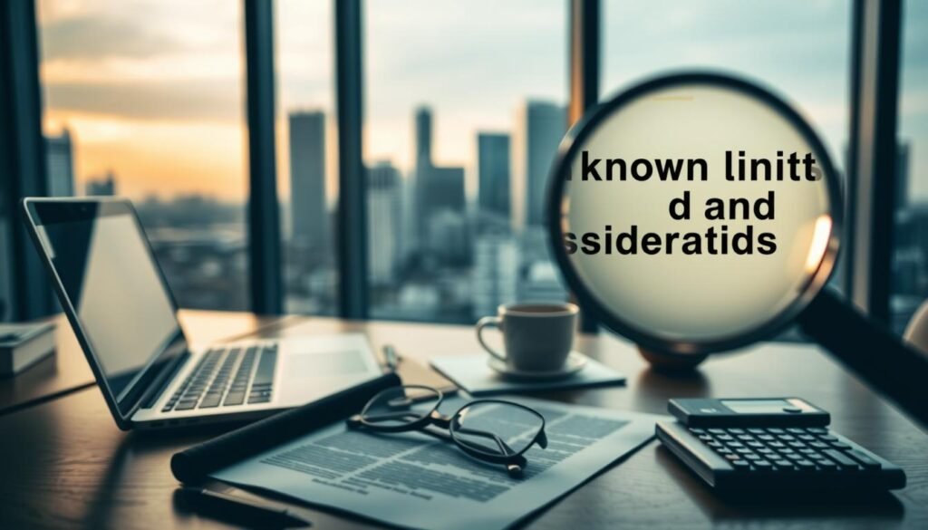 Known limits and considerations before you buy A NexReviewZ office desk with a laptop, notebook, and coffee cup. The desk is illuminated by a warm, natural light from a large window behind it. In the foreground, a magnifying glass hovers over the desk, highlighting the details and small print. The middle ground features a pair of reading glasses and a calculator, emphasizing the need for careful review. The background depicts a cityscape with skyscrapers, suggesting the professional context. The overall mood is one of thoughtful introspection, encouraging small business owners to thoroughly examine the "known limits and considerations" before making a purchase decision. Known limits and considerations before you buy A NexReviewZ office desk with a laptop, notebook, and coffee cup. The desk is illuminated by a warm, natural light from a large window behind it. In the foreground, a magnifying glass hovers over the desk, highlighting the details and small print. The middle ground features a pair of reading glasses and a calculator, emphasizing the need for careful review. The background depicts a cityscape with skyscrapers, suggesting the professional context. The overall mood is one of thoughtful introspection, encouraging small business owners to thoroughly examine the "known limits and considerations" before making a purchase decision.
