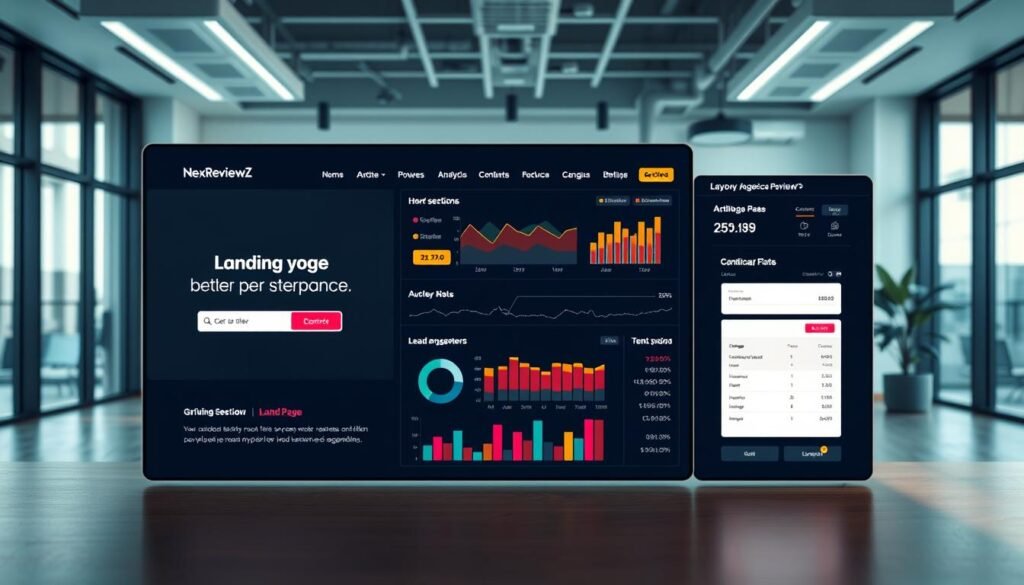 Landing page performance showcased in a sleek, visually-appealing NexReviewZ interface. A foreground featuring optimized layout elements like hero section, call-to-action buttons, and lead capture forms. The middle ground highlights analytical data and metrics, with colorful charts and graphs displaying conversion rates, bounce rates, and user engagement. In the background, a modern office setting with minimalist decor and large windows, conveying a professional, productivity-driven atmosphere. Subtle lighting from overhead fixtures casts a warm, focused glow on the scene. Crisp, high-resolution imagery and a clean, uncluttered design showcase the key features that small businesses love for higher conversions.