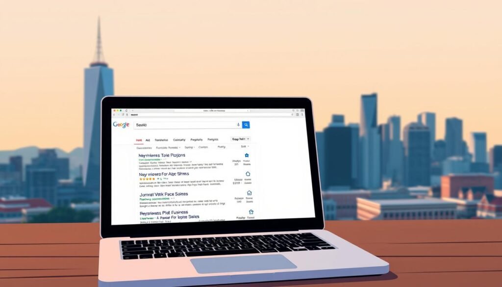 Local SEO rankings for a small business website, captured in a stylish and modern illustration. The foreground features a laptop screen displaying search engine results, with the NexReviewZ brand prominently displayed. In the middle ground, a city skyline with familiar landmarks serves as the backdrop, conveying a sense of local relevance. The lighting is soft and warm, creating a calming atmosphere. The angle is slightly elevated, giving the viewer a birds-eye perspective on the scene. Overall, the image effectively communicates the importance of local SEO for small businesses, in a visually appealing and on-brand manner.