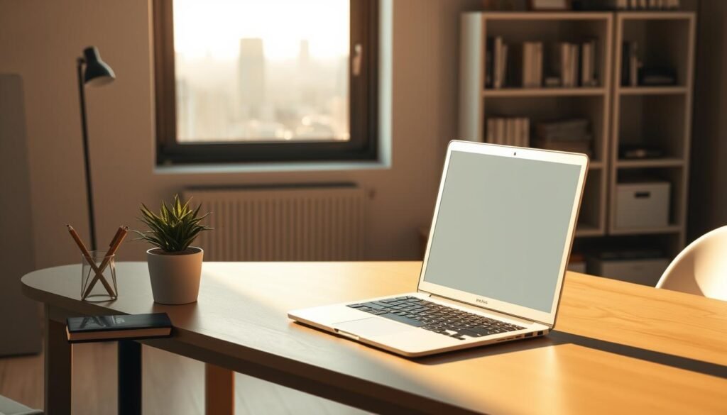 Notion workspace, an expansive digital canvas for NexReviewZ's small business owners. A clean, well-organized desk with a laptop, stationery, and a potted plant, bathed in warm, natural lighting. In the background, a minimalist bookshelf and a window revealing a serene cityscape. The atmosphere exudes focus, productivity, and a sense of calm. The overall composition conveys the ease and simplicity of setting up a professional Notion workspace for work.