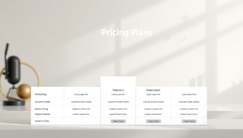 Pricing plans: A sleek, modern layout showcasing a range of subscription options for podcasters. In the foreground, a clean, minimal table highlighting the key features and pricing tiers, with icons and subtle gridlines guiding the eye. In the middle ground, subtle gradient backgrounds and soft, natural lighting create a professional, elevated atmosphere. The background features subtle shapes and geometric patterns, adding depth and visual interest without distracting from the main focus. The overall scene conveys a sense of clarity, value, and the high-quality services offered to podcast creators. Pricing plans: A sleek, modern layout showcasing a range of subscription options for podcasters. In the foreground, a clean, minimal table highlighting the key features and pricing tiers, with icons and subtle gridlines guiding the eye. In the middle ground, subtle gradient backgrounds and soft, natural lighting create a professional, elevated atmosphere. The background features subtle shapes and geometric patterns, adding depth and visual interest without distracting from the main focus. The overall scene conveys a sense of clarity, value, and the high-quality services offered to podcast creators.