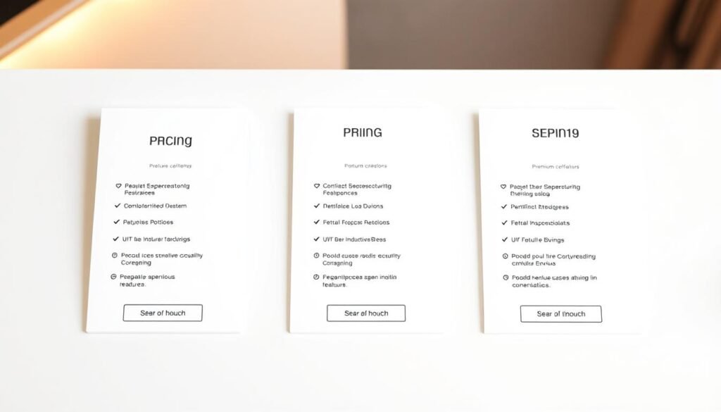 Pricing plans displayed on a sleek, minimalist table. A crisp white background allows the plan details to shine. The table features three distinct pricing tiers, each with a clear breakdown of features and pricing. Subtle yet striking icons and divider lines guide the viewer's eye across the layout. Warm lighting casts a soft glow, creating a professional, premium atmosphere. The overall design is clean, modern, and visually appealing, perfectly suited to illustrate a pricing section for content creators.