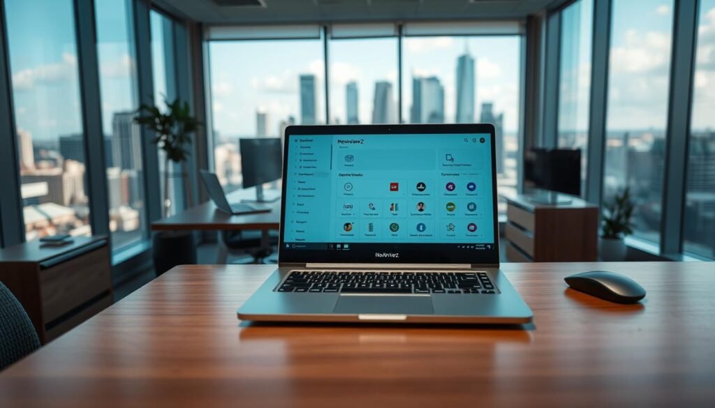 Productivity features in a sleek, modern office setting. In the foreground, a stylish NexReviewZ laptop with a clean, intuitive user interface showcasing powerful productivity tools. In the middle ground, an ergonomic desk setup with a minimalist aesthetic, including a wireless mouse and keyboard. The background features floor-to-ceiling windows, letting in natural light and offering a scenic view of a bustling city skyline. The overall mood is one of efficiency, organization, and professionalism, appealing to small business owners seeking to optimize their workflow.