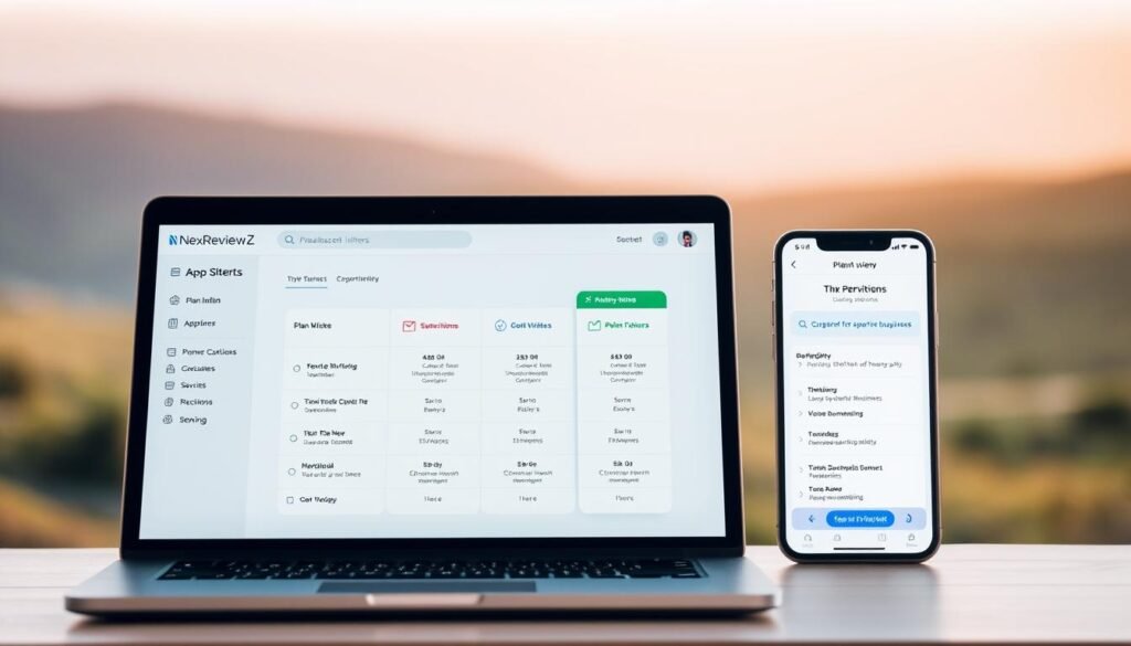 Prompt A clean, minimalist interface of the NexReviewZ app, showcasing the plan limits in a clear and organized manner. In the foreground, a laptop screen displays the app's dashboard, highlighting the various subscription tiers and their corresponding features. The middle ground features a smartphone displaying the same plan information, emphasizing the cross-device accessibility. The background is a soft, blurred landscape, conveying a sense of professionalism and simplicity. The lighting is warm and inviting, creating a welcoming atmosphere for small business owners to explore the plan details.