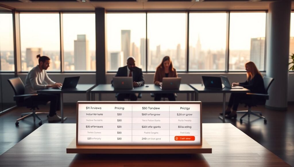 Prompt A contemporary office space with a sleek minimalist design. The foreground features a clean, well-organized pricing table for NexReviewZ's AI-powered offer, showcasing the "$0 to grow" model. The table is backlit, giving it a soft, inviting glow. The middle ground displays a team of diverse professionals, each using NexReviewZ's intuitive dashboard on their laptops. The background contains large windows overlooking a bustling city skyline, bathed in warm, natural lighting. The overall atmosphere conveys a sense of simplicity, accessibility, and the potential for growth, catering to the needs of small business owners. Prompt A contemporary office space with a sleek minimalist design. The foreground features a clean, well-organized pricing table for NexReviewZ's AI-powered offer, showcasing the "$0 to grow" model. The table is backlit, giving it a soft, inviting glow. The middle ground displays a team of diverse professionals, each using NexReviewZ's intuitive dashboard on their laptops. The background contains large windows overlooking a bustling city skyline, bathed in warm, natural lighting. The overall atmosphere conveys a sense of simplicity, accessibility, and the potential for growth, catering to the needs of small business owners.