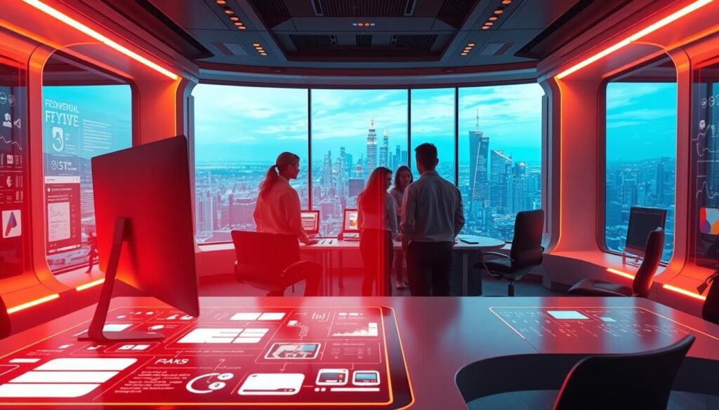 Prompt A futuristic workspace, bathed in the warm glow of holographic displays. In the foreground, a sleek, minimalist desk with a touchscreen interface, where AI-powered workflow management tools seamlessly integrate social media posting, analytics, and campaign optimization. The middle ground features a team of marketing professionals, their faces illuminated by the digital displays, collaborating in real-time on content strategies. In the background, a panoramic window offers a stunning cityscape, hinting at the global reach of these AI-driven marketing solutions. The scene conveys a sense of efficiency, innovation, and the power of technology to streamline and enhance the marketing process.