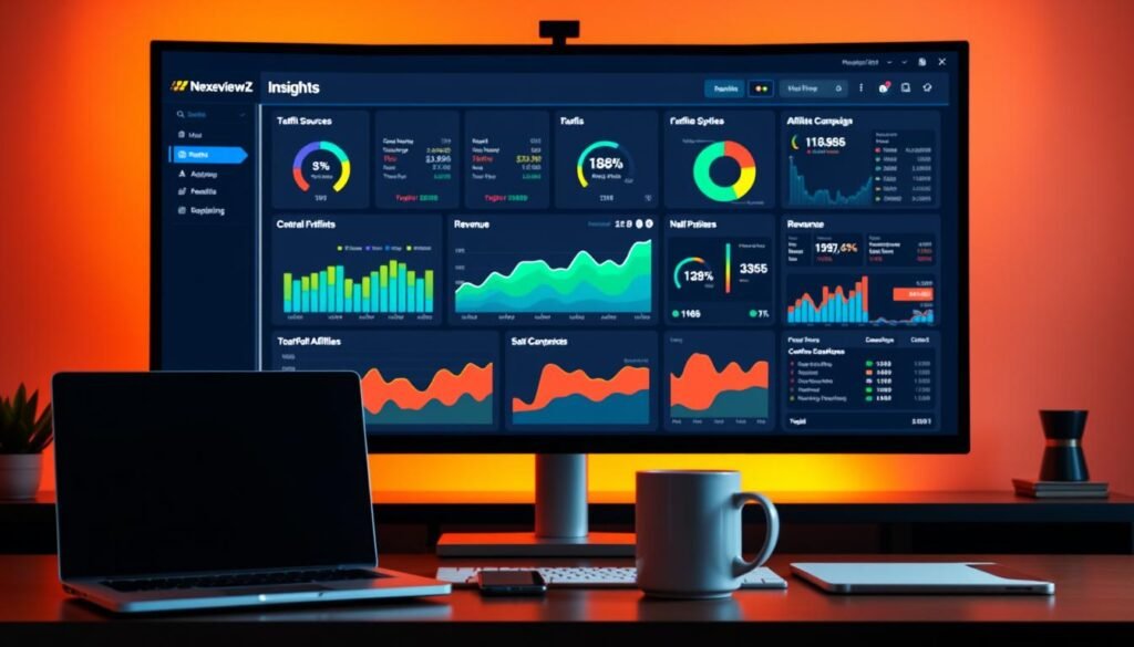 Prompt A sleek and modern NexReviewZ dashboard displaying real-time affiliate marketing insights. Warm lighting illuminates a desktop workspace, with a laptop, smartphone, and coffee mug in the foreground. The middle ground showcases colorful graphs, charts, and performance metrics, providing a clear overview of affiliate campaign data. In the background, a large monitor displays a detailed analysis of traffic sources, conversions, and revenue trends. The overall atmosphere conveys a sense of productivity, efficiency, and data-driven decision-making for small business owners seeking to optimize their affiliate marketing strategy.
