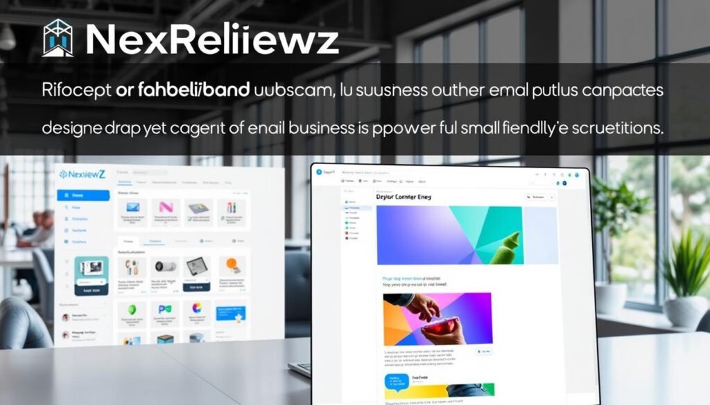Prompt A sleek and modern email marketing interface with the NexReviewZ brand prominently displayed. The foreground features a clean, intuitive dashboard with customizable email campaign templates, subscriber lists, and analytics tools. The middle ground showcases a vibrant, colorful email composition screen with drag-and-drop functionality. The background depicts a serene office setting with large windows, allowing natural light to flood the workspace. The overall mood is professional, efficient, and designed to appeal to small business owners seeking a powerful yet user-friendly email marketing solution.