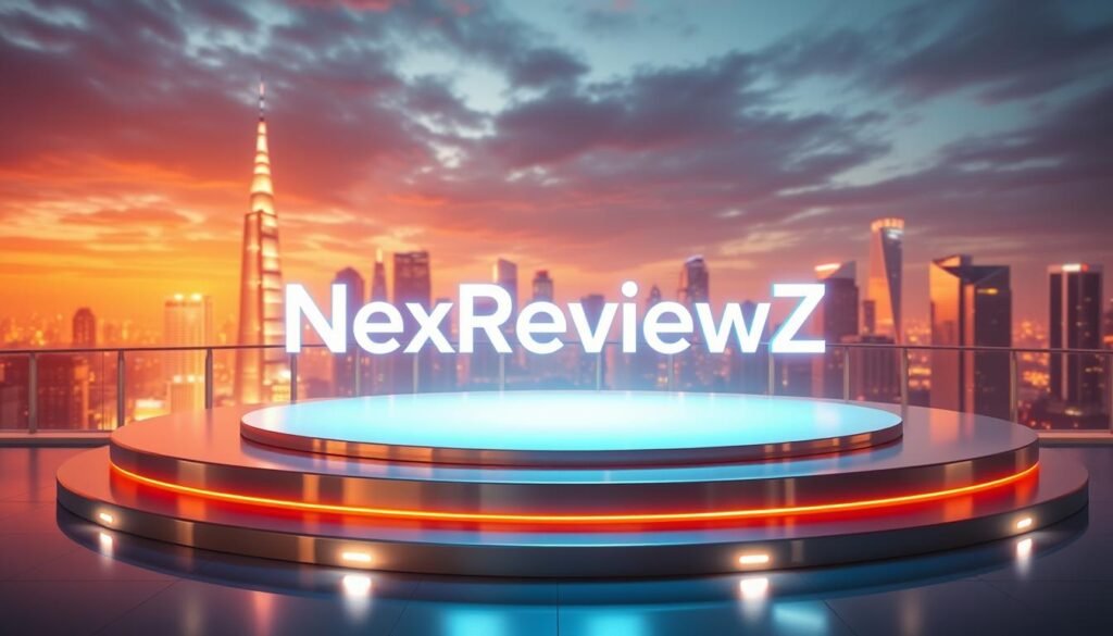 Prompt A sleek, futuristic platform against a backdrop of a vibrant city skyline. The platform is made of gleaming, reflective materials, with a central dais surrounded by a series of curved, illuminated steps. The lighting is warm and inviting, creating a sense of energy and dynamism. In the foreground, the NexReviewZ brand name is prominently displayed, its letters floating above the platform in a holographic display. The overall atmosphere is one of innovation, technology, and a rewarding user experience, perfectly suited for small business owners seeking the latest in pricing and review solutions.