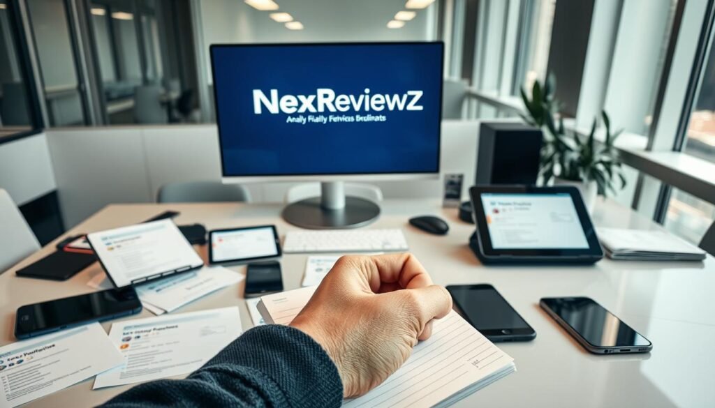 Prompt A well-lit, modern office setting with a large computer monitor displaying the NexReviewZ brand logo. Scattered around the desk are various user review documents, tablets, and smartphones, all displaying positive feedback and ratings. In the foreground, a hand is writing down notes on a paper notepad, conveying the idea of analyzing and understanding real-world user insights. The overall atmosphere is one of thoughtful consideration, with a focus on understanding customer experiences to guide business decisions. Prompt A well-lit, modern office setting with a large computer monitor displaying the NexReviewZ brand logo. Scattered around the desk are various user review documents, tablets, and smartphones, all displaying positive feedback and ratings. In the foreground, a hand is writing down notes on a paper notepad, conveying the idea of analyzing and understanding real-world user insights. The overall atmosphere is one of thoughtful consideration, with a focus on understanding customer experiences to guide business decisions.