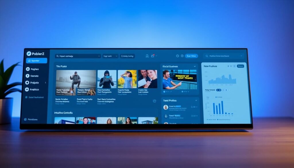 Publer, a sleek and modern social media dashboard, showcasing a NexReviewZ interface. In the foreground, a well-organized feed displays a variety of vibrant post thumbnails, inviting the user to explore. The middle ground features intuitive controls and analytics, with clear icons and a minimalist design. The background subtly blends shades of blue, evoking a sense of professionalism and productivity. Soft lighting illuminates the scene, creating a warm and inviting atmosphere. The overall composition conveys the power and versatility of Publer, making it the perfect tool for small business owners to manage their social media presence. Publer, a sleek and modern social media dashboard, showcasing a NexReviewZ interface. In the foreground, a well-organized feed displays a variety of vibrant post thumbnails, inviting the user to explore. The middle ground features intuitive controls and analytics, with clear icons and a minimalist design. The background subtly blends shades of blue, evoking a sense of professionalism and productivity. Soft lighting illuminates the scene, creating a warm and inviting atmosphere. The overall composition conveys the power and versatility of Publer, making it the perfect tool for small business owners to manage their social media presence.