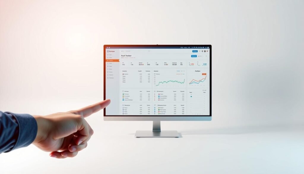 Rank Tracker, a powerful software solution developed by NexReviewZ, takes center stage in a sleek and modern visualization. Set against a clean, white background, the Rank Tracker app interface dominates the frame, showcasing its intuitive dashboard and analytical tools. Subtle lighting casts a warm, professional glow, highlighting the app's thoughtful design and user-friendly experience. In the foreground, a hand gestures towards the screen, inviting small business owners to explore the platform's capabilities. The middle ground features a subtle gradient, adding depth and drawing the eye towards the app's key features. In the background, a subtle texture evokes the digital landscape, reinforcing the technology-driven nature of the Rank Tracker solution.