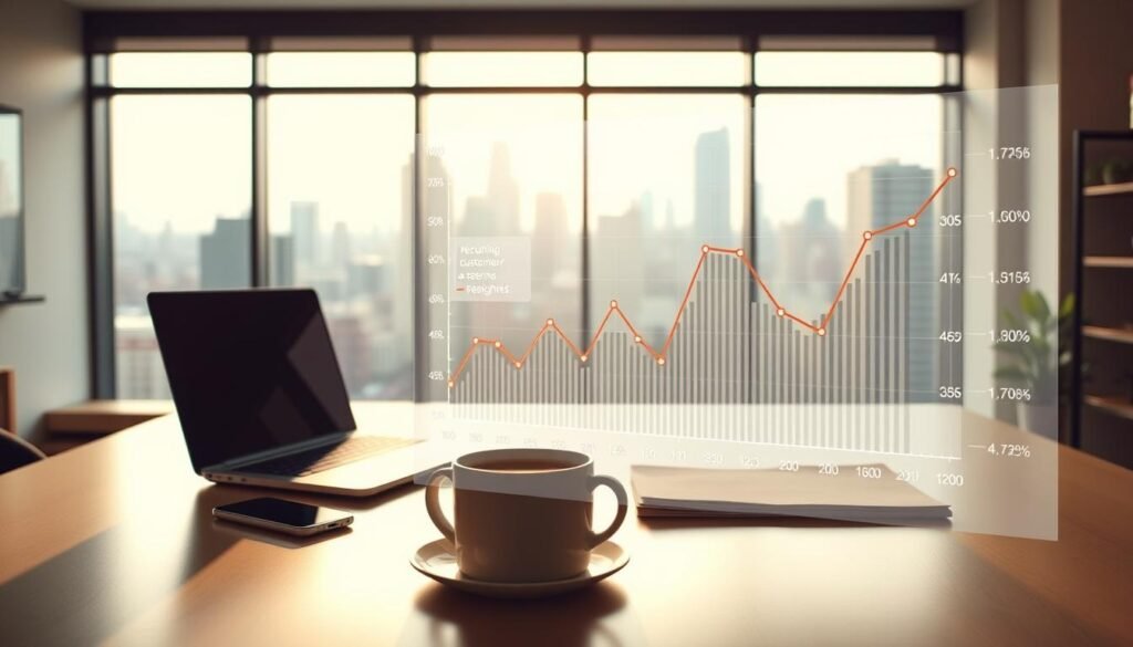 Recurring tracking, a data-driven strategy for small businesses in the United States, powered by NexReviewZ. A mid-shot of a modern office workspace, with a minimalist desk showcasing a laptop, smartphone, and a mug of coffee. Soft, natural lighting illuminates the scene, creating a warm and productive atmosphere. In the background, a large window offers a view of a bustling cityscape, hinting at the wider context of the business. Overlaid on the scene, a semi-transparent visualization of recurring customer patterns and insights, highlighting the value of data-driven decision-making for small enterprises.
