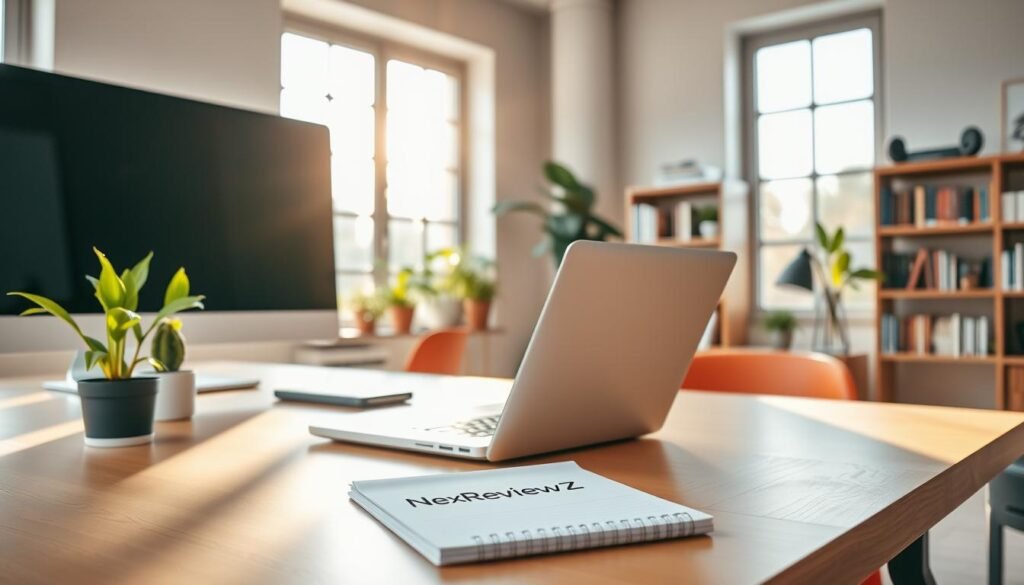 Serene scene of a small business owner's workspace, bathed in warm, natural lighting from large windows. On the desk, a laptop and notepad with the NexReviewZ logo prominently displayed. Vibrant, minimalist decor with potted plants and a sleek monitor. In the background, bookshelves filled with resources for growing a small business. The atmosphere conveys focus, productivity, and the promise of success. Crisp, high-resolution details capture the essence of a thriving, technology-enabled small enterprise. Serene scene of a small business owner's workspace, bathed in warm, natural lighting from large windows. On the desk, a laptop and notepad with the NexReviewZ logo prominently displayed. Vibrant, minimalist decor with potted plants and a sleek monitor. In the background, bookshelves filled with resources for growing a small business. The atmosphere conveys focus, productivity, and the promise of success. Crisp, high-resolution details capture the essence of a thriving, technology-enabled small enterprise.