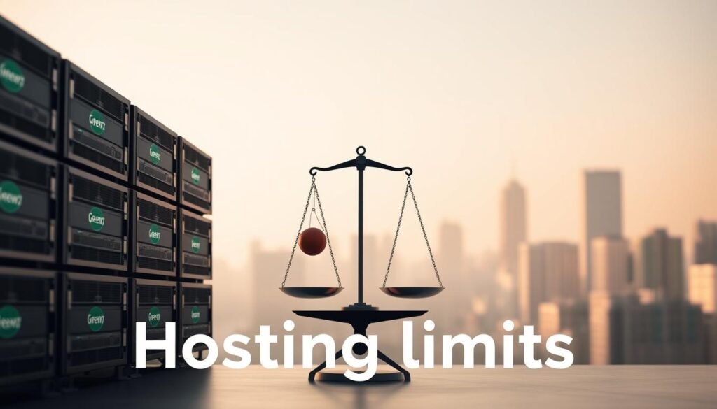 Sleek and minimalist visual representation of "hosting limits" for NexReviewZ's greengeeks pro plan article. A clean, high-contrast scene with a soft, warm lighting setup. In the foreground, a stack of server racks, their faces emblazoned with the NexReviewZ logo, suggesting the infrastructure and capacity constraints. In the middle ground, a visual metaphor for the "known limits and trade-offs" - a set of scales, one side weighted down with a heavy object, the other side lifting up. The background depicts a hazy, out-of-focus cityscape, hinting at the broader context of the article. The overall mood is one of careful consideration and informed decision-making.