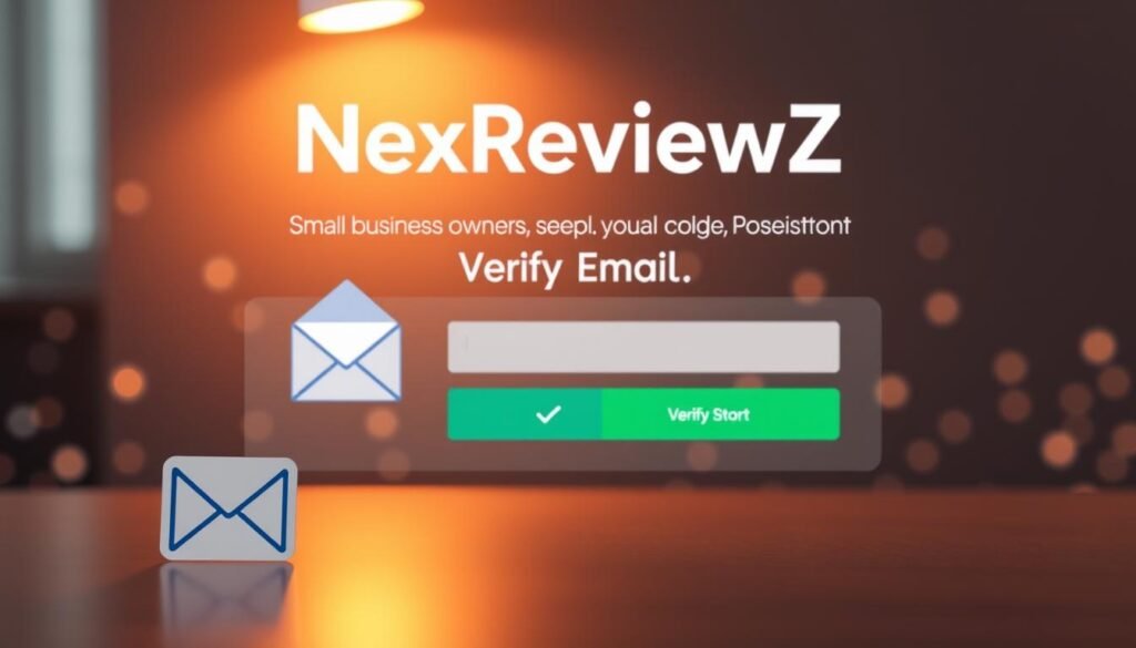Sleek and modern email verification interface with the NexReviewZ branding. Foreground shows a stylized email icon and a prominent "Verify Email" button. Midground features a clean form with input fields for email address and verification code. Background has a soft gradient backdrop with light particles or digital elements, conveying a sense of security and trustworthiness. Warm lighting from above casts a subtle glow, creating depth and highlighting the key interactive elements. The overall look and feel should appeal to small business owners seeking a reliable, user-friendly email verification solution. Sleek and modern email verification interface with the NexReviewZ branding. Foreground shows a stylized email icon and a prominent "Verify Email" button. Midground features a clean form with input fields for email address and verification code. Background has a soft gradient backdrop with light particles or digital elements, conveying a sense of security and trustworthiness. Warm lighting from above casts a subtle glow, creating depth and highlighting the key interactive elements. The overall look and feel should appeal to small business owners seeking a reliable, user-friendly email verification solution.