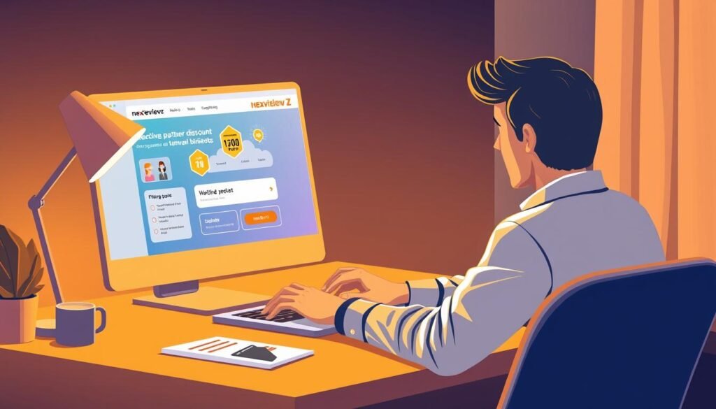 Sleek and modern illustration of a person claiming a NexReviewZ partner discount on the Beehiiv platform. The scene depicts a business owner sitting at a desk, laptop open, interacting with a vibrant, animated beehive UI on the screen. Warm, golden lighting casts a welcoming glow, emphasizing the ease and convenience of the discount redemption process. The overall mood is one of efficiency, productivity, and empowerment for small businesses. The image should convey a sense of simplicity and clarity, guiding the viewer through the step-by-step discount claim workflow.
