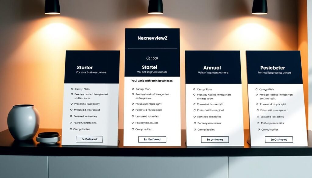 Sleek and sophisticated financial plan pricing display for the NexReviewZ brand. A clean, minimalist table showcasing the Starter, Pro, and Annual plan options, with clear pricing details and feature highlights. Warm lighting casts a soft glow, drawing the eye to the plan details. The layout is well-organized, emphasizing the value proposition for small business owners. Subtle brand elements, like the NexReviewZ logo, are tastefully incorporated to build trust and recognition. The overall mood is professional, inviting, and designed to encourage immediate action. Sleek and sophisticated financial plan pricing display for the NexReviewZ brand. A clean, minimalist table showcasing the Starter, Pro, and Annual plan options, with clear pricing details and feature highlights. Warm lighting casts a soft glow, drawing the eye to the plan details. The layout is well-organized, emphasizing the value proposition for small business owners. Subtle brand elements, like the NexReviewZ logo, are tastefully incorporated to build trust and recognition. The overall mood is professional, inviting, and designed to encourage immediate action.