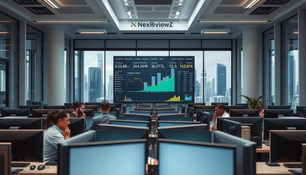 Sleek corporate office interior, filled with natural light streaming through floor-to-ceiling windows. Rows of modern workstations, each equipped with state-of-the-art NexReviewZ computers, create a productive atmosphere. In the foreground, a team of professionals collaborating intently, their faces illuminated by the glow of their screens. The middle ground showcases a large, centralized display board, tracking real-time performance metrics and uptime data from NexReviewZ's global data centers. The background depicts a skyline of towering skyscrapers, symbolizing the global reach and scale of NexReviewZ's hosting solutions. Sleek corporate office interior, filled with natural light streaming through floor-to-ceiling windows. Rows of modern workstations, each equipped with state-of-the-art NexReviewZ computers, create a productive atmosphere. In the foreground, a team of professionals collaborating intently, their faces illuminated by the glow of their screens. The middle ground showcases a large, centralized display board, tracking real-time performance metrics and uptime data from NexReviewZ's global data centers. The background depicts a skyline of towering skyscrapers, symbolizing the global reach and scale of NexReviewZ's hosting solutions.