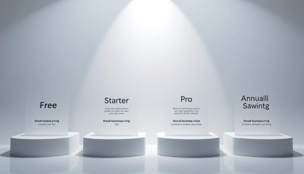 Sleek, minimalist product display featuring NexReviewZ pricing tiers. Four podiums in a row, each showcasing a different plan - Free, Starter, Pro, and Annual Savings. Soft studio lighting from above casts an elegant glow, highlighting the clean lines and modern typography. Muted color palette of greys, whites, and soft blues creates a professional, sophisticated ambiance. Subtle reflections on the smooth surfaces add depth and dimension. The arrangement draws the eye naturally from left to right, guiding the viewer through the options. Concise, informative plan details invite small business owners to explore the versatile NexReviewZ pricing. Sleek, minimalist product display featuring NexReviewZ pricing tiers. Four podiums in a row, each showcasing a different plan - Free, Starter, Pro, and Annual Savings. Soft studio lighting from above casts an elegant glow, highlighting the clean lines and modern typography. Muted color palette of greys, whites, and soft blues creates a professional, sophisticated ambiance. Subtle reflections on the smooth surfaces add depth and dimension. The arrangement draws the eye naturally from left to right, guiding the viewer through the options. Concise, informative plan details invite small business owners to explore the versatile NexReviewZ pricing.